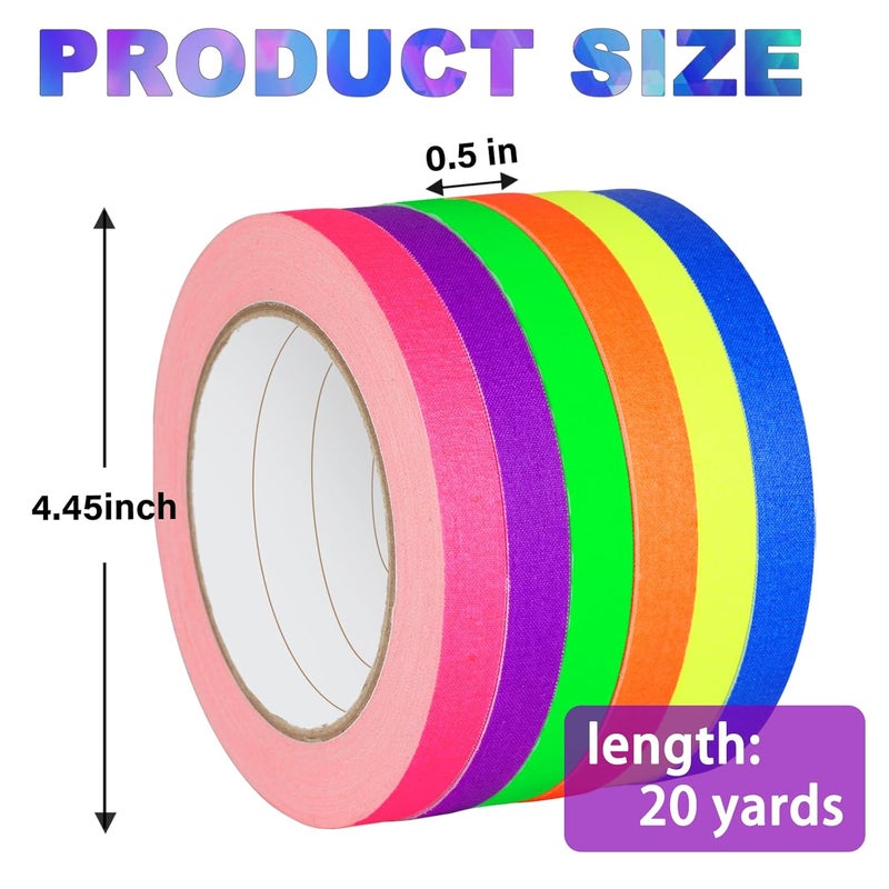 G GEYYANG GEYYANG 6-Pack Spike Tape, Colored Gaffers Tape 1/2 inch x 20 Yards, 6 Bright Colors Neon Fluorescent Gaffer Tape,Multipurpose Gaff Tape,Spike Tape Theater Stage Floors Pinstripe Marking Tape - Image 2